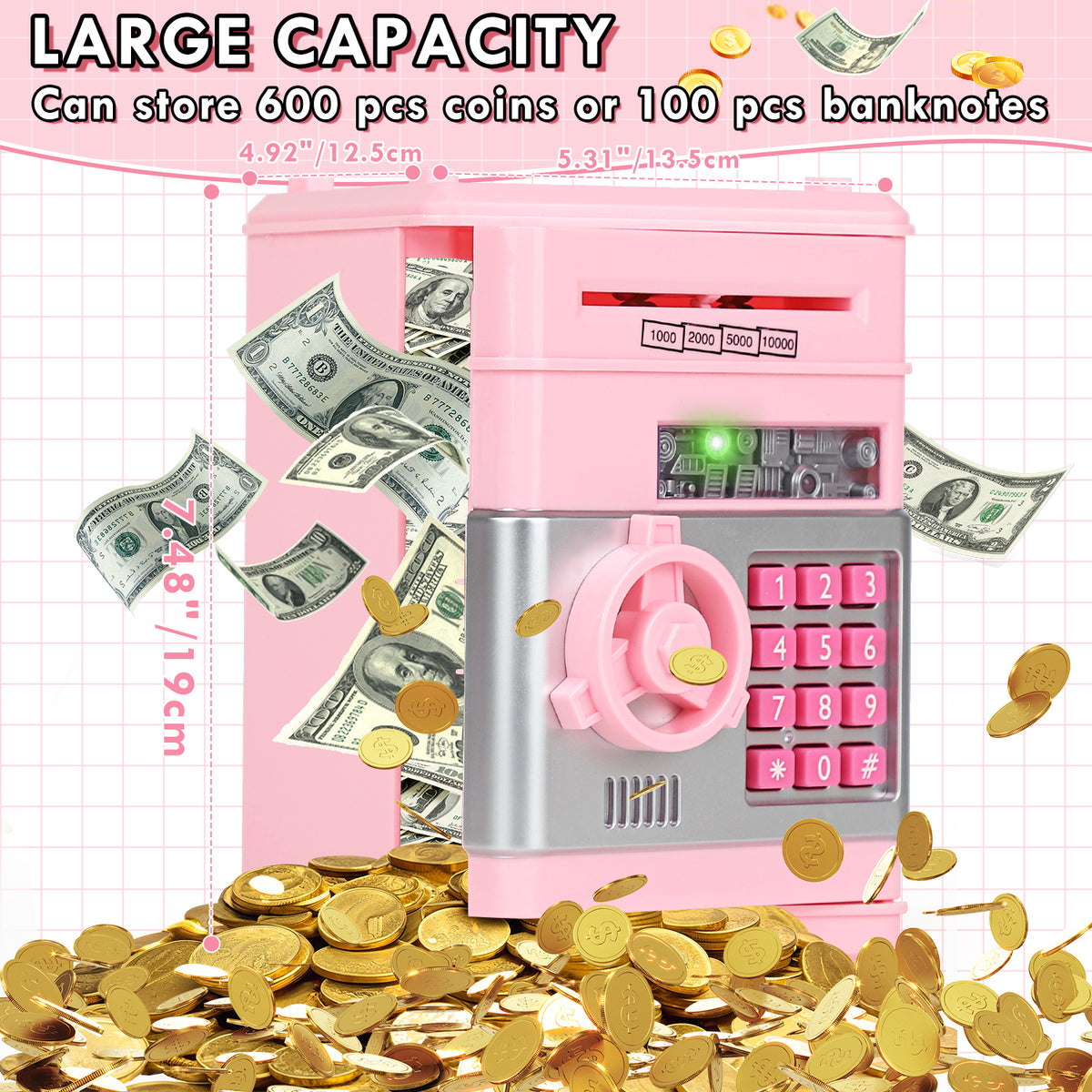 Piggy Bank for Kids Girls Boys, Large Electronic Money Saving Box with Password Protection, Automatic Paper Money Scroll - Pink