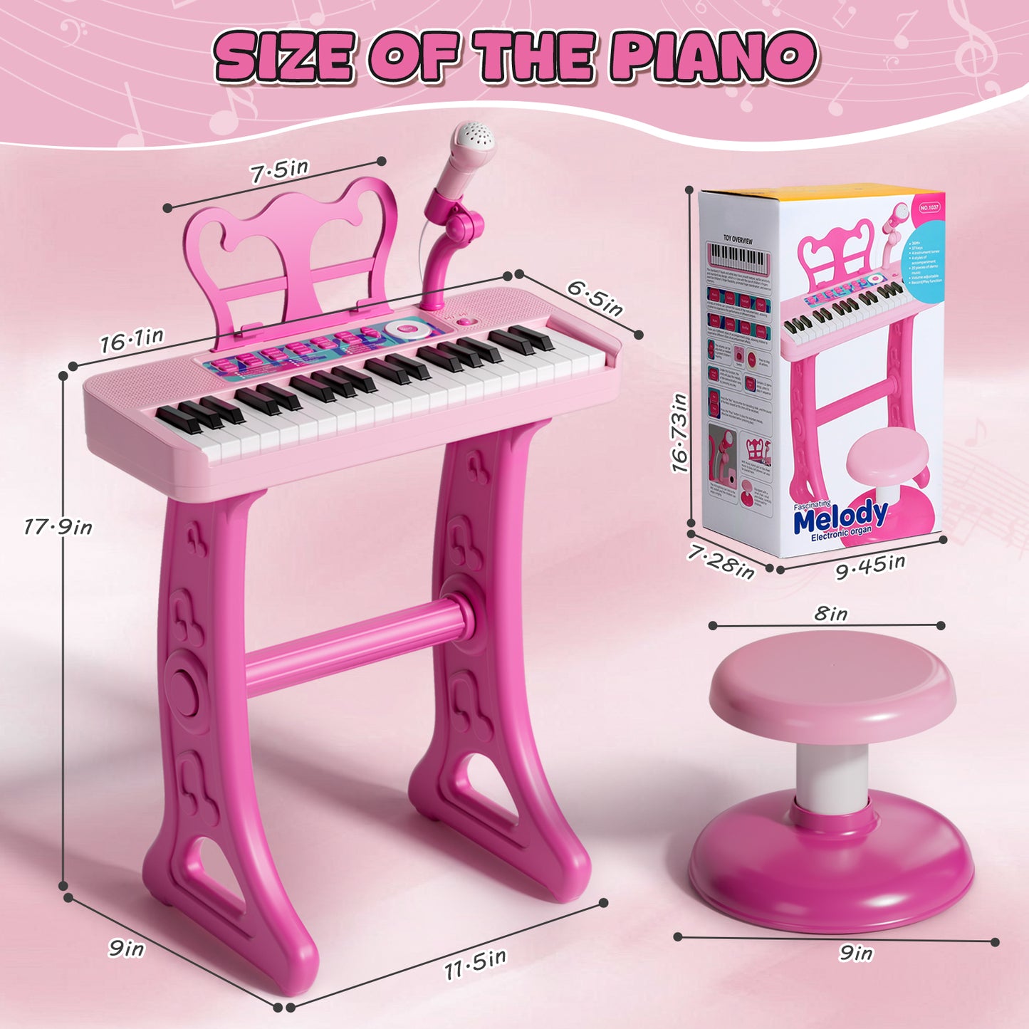 Keyboard Piano for Kids, 37 Keys Musical Instruments with Microphone & Stood & Chair, Musical Toys for 1 2 Years, Birthday Christmas Gifts for 1 2 3 Year Old Girls