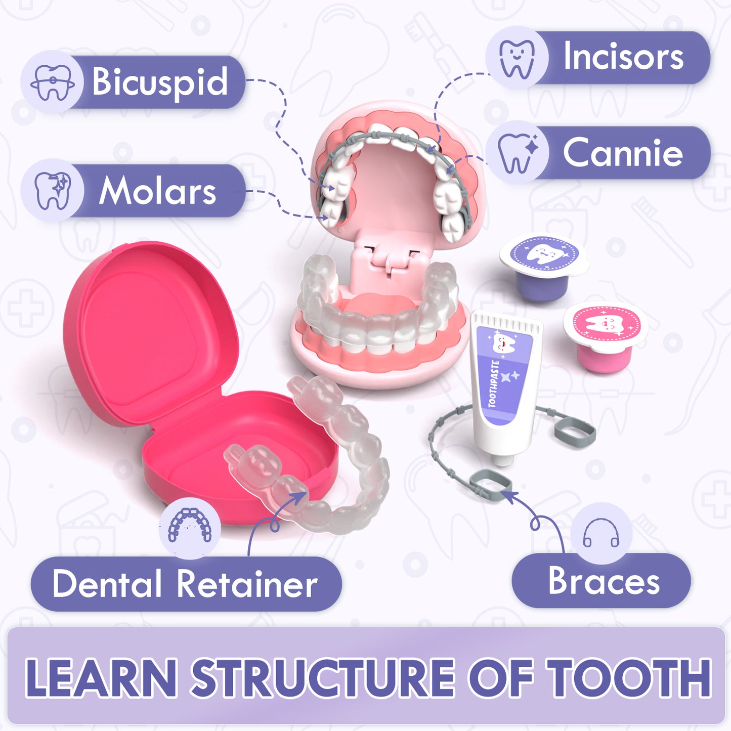 Doctor Kit for Kids, Dentist Playset, Pretend Doctor Kit Dentist Medical Kit with Electronic Stethoscope Toys for 2 3 4 5 6 Year Old Kids - Pink