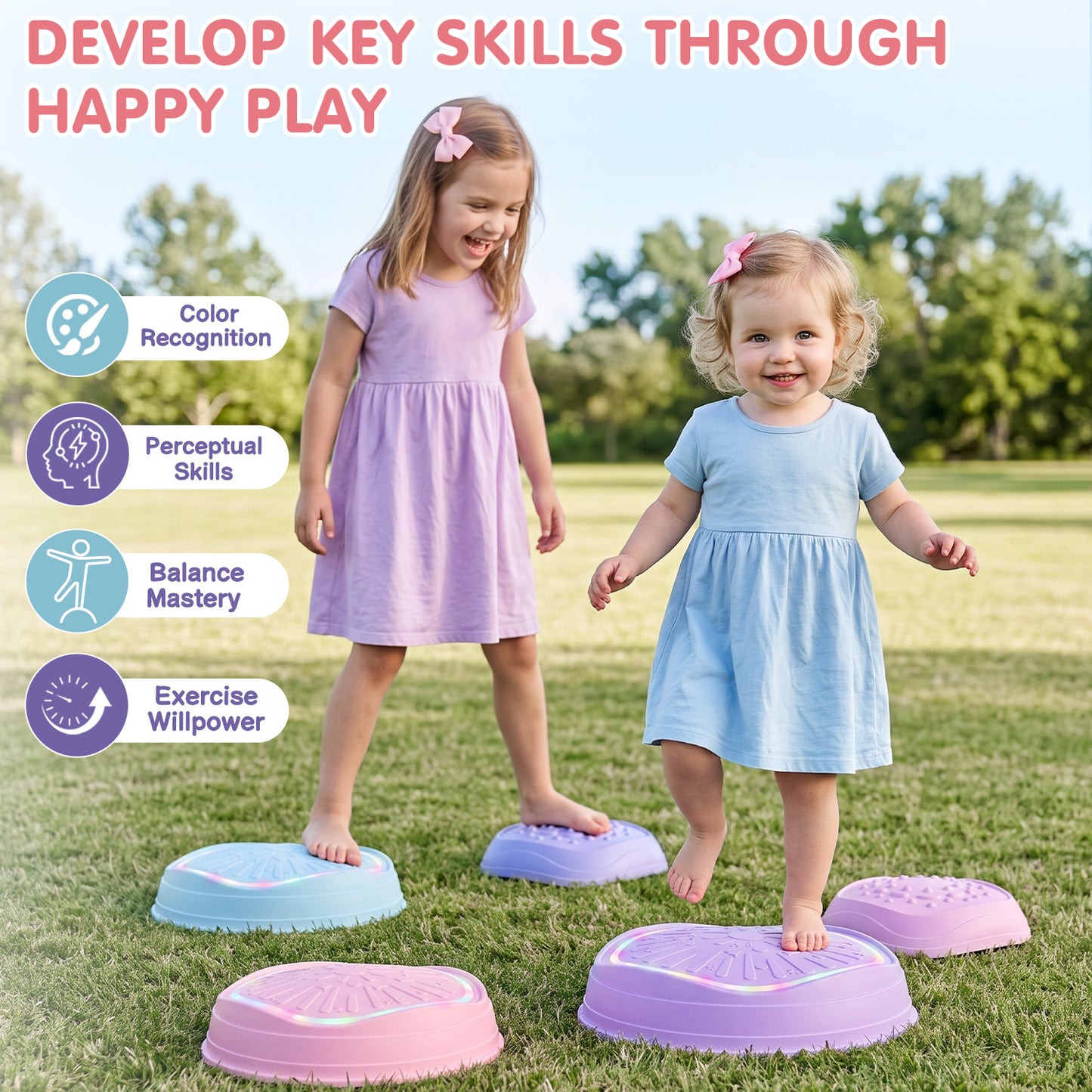 Stepping Stones for Kids, Upgraded Support Bones, 5 Pcs Non-Slip Balance Stepping Stones with Light & Music, Up to 220 lbs, Coordination Skills Sensory Toys, Outdoor Toys for Kids Ages 4 8 - Purple