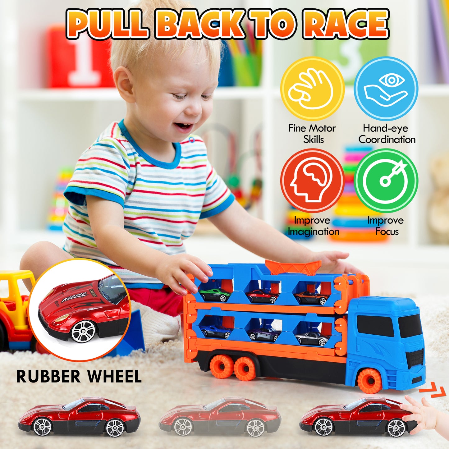 Toy Trucks Cars for Toddlers, Transport Truck Car Toys, Toddler Toys for 3 4 5 6 Years Old Boys, Carrier Truck Toy Cars for Toddlers with 6 Toy Racing Cars, 61" Race Track, Kids Toys for Boys Girls