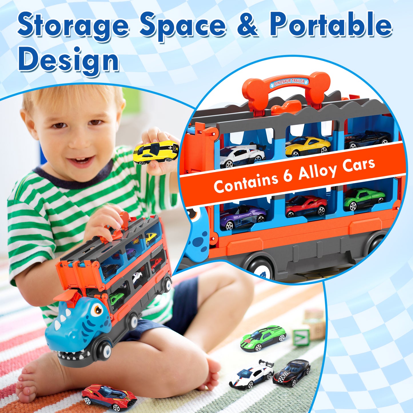 LC Toys for 2 Year Old Boy, 7 in 1 Dinosaur Truck Toys for Kids 2 3 4 5 6 7, Dinosaur Truck with 6 Pull Back Cars, 62.5in Race Track, Transport Carrier Truck Birthday Gifts Toys for 2+ Year Old Boy