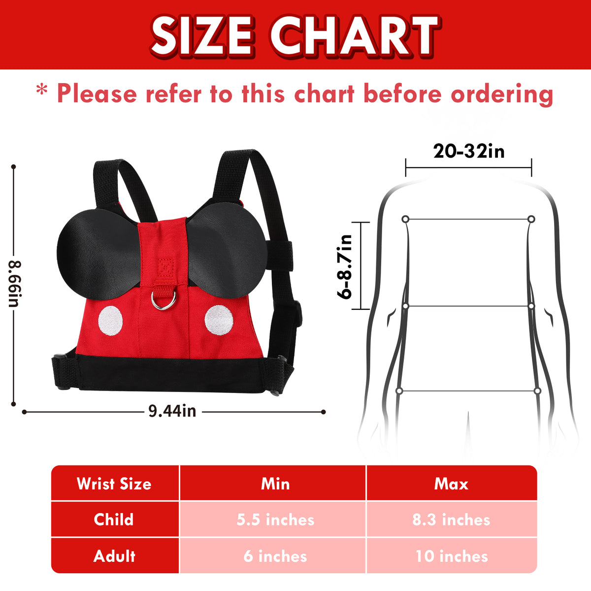 Toddlers Leash for Walking, Child Kid Backpack Anti Lost Wrist Link Safety Wrist 4 in 1 (Red)