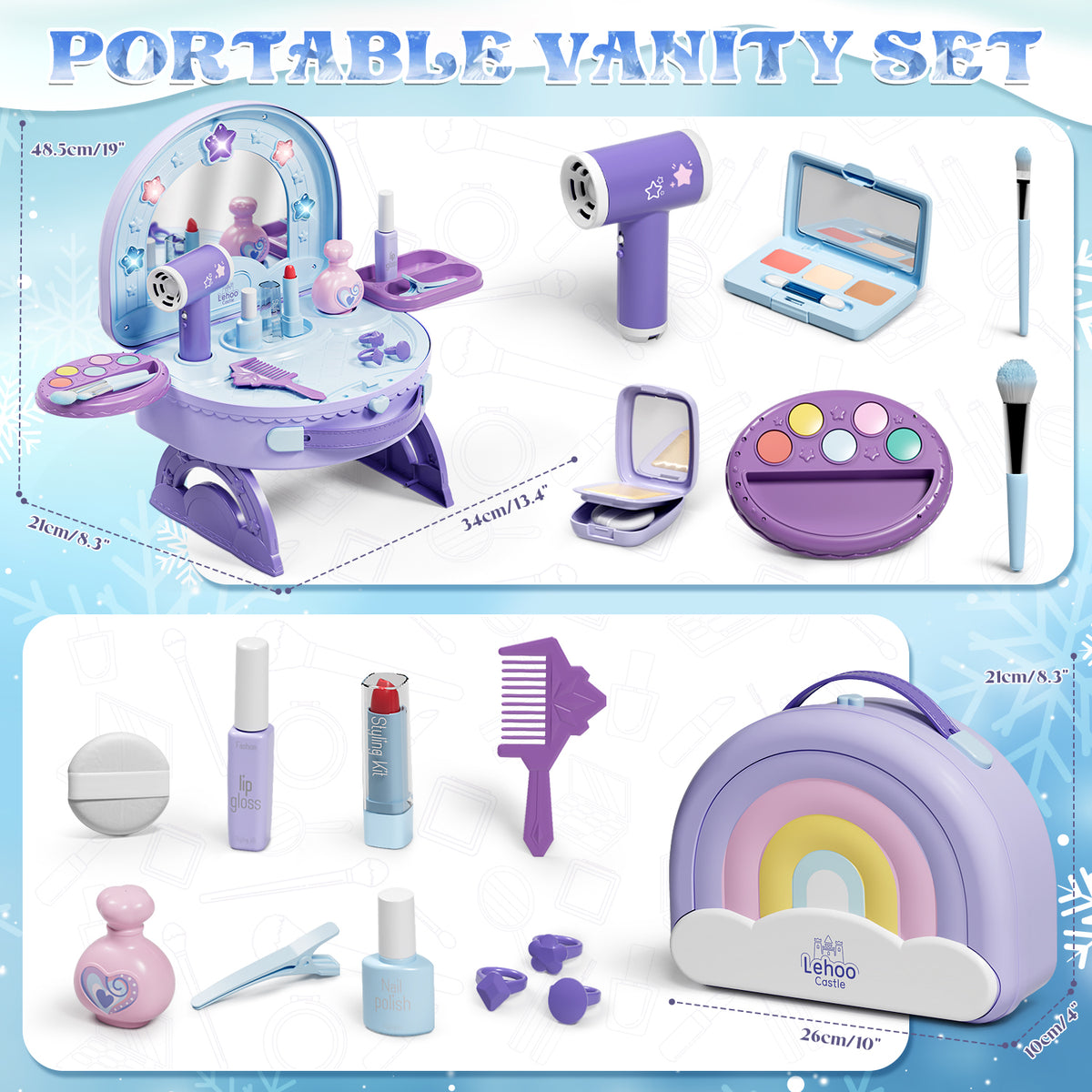 Kids Vanity Sets for Girls, Kids Make up Vanity with Mirror & Lights & Music & Pretend Cosmetics, Toddler Portable Vanity Set for Girls, Princess Dress up for Girl 3 4 5 6 Year Old Girls