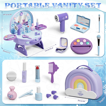 Kids Vanity Sets for Girls, Kids Make up Vanity with Mirror & Lights & Music & Pretend Cosmetics, Toddler Portable Vanity Set for Girls, Princess Dress up for Girl 3 4 5 6 Year Old Girls