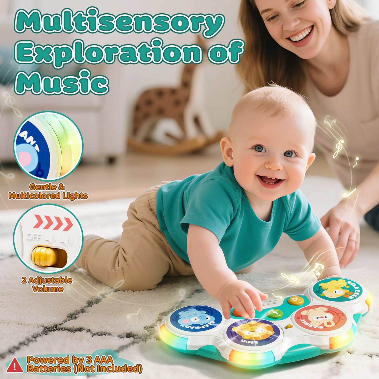 Kids Drum Set, Toys for 1 Year Old, Drum Sets for Kids 1 to 4, Animal Drum Set with Light & Music, Montessori Toy for 1 Year Old Boys Girls, Learning Educational Developmental Baby Toys 12-18 Mouth