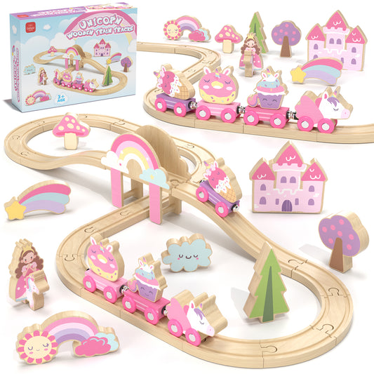 Train Set, 39 Pcs Wooden Train Set for Kids, Train Toy for Girls Boys 2 3 4 5 Year, Unicorn Train Track Set with 4 Magnetic trains & Accessories, Compatible with Other Brands