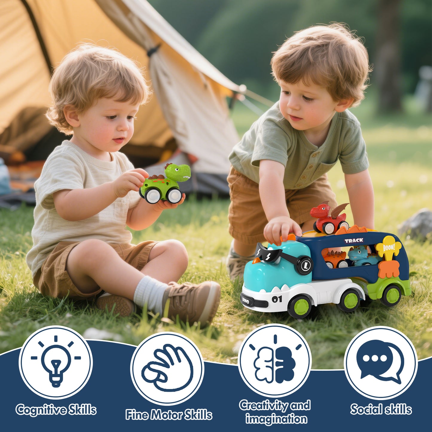 Toys for 2 Year Old Boys, Toddler Dinosaur Truck with Sounds & Lights, Toys Cars Set with Race Track, Pull Back Cars Baby Toys, Toys for Boys 2 to 4 Years Old, Best Birthday Christmas Gifts