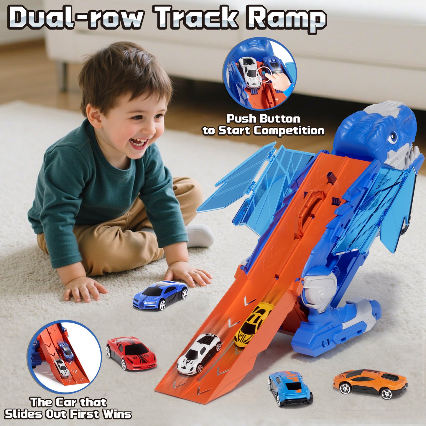 Dinosaur Truck Toy, Toys for Boys 2 to 4 Years Old, Toys Cars Set with Race Track Transporter Hauler Dinosaur Transporter Truck with 8 Die-Cast Car Toys Gifts for Kids Ages 2 3 4 5 6 Years Old