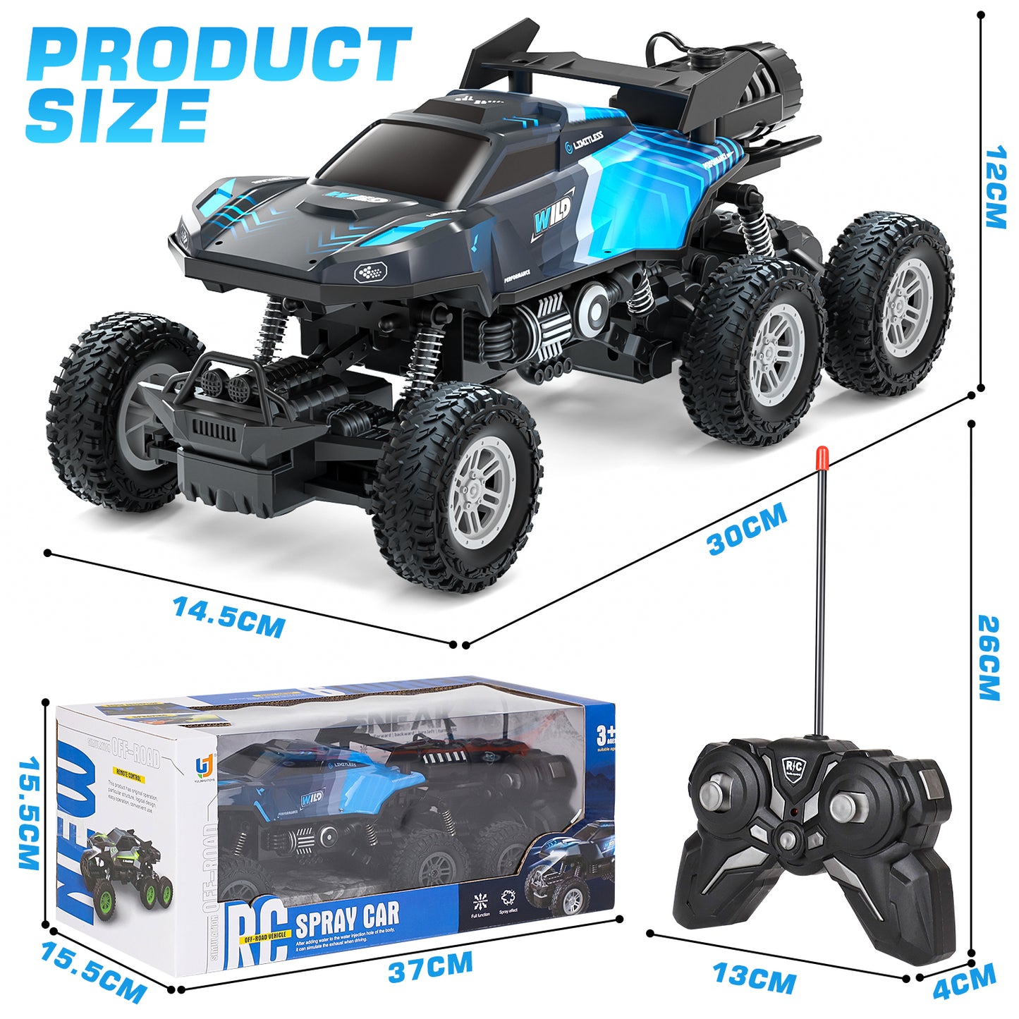 Remote Control Rc Truck, Remote Control Car, 1:16 Scale All Terrain Off-Road Monster Truck, Rc Cars with LED light & Spray Function, Toys for Boys 3 4 5 6 Years Old