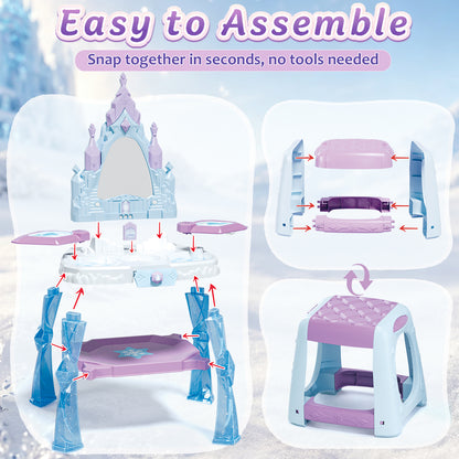 Toddler Vanity Makeup Table Toy with Mirror & Chair, Kids Vanity Set with Light & Music, Pretend Play Princess Dress Up Vanity Set, Gifts for 4 Year Old Girls