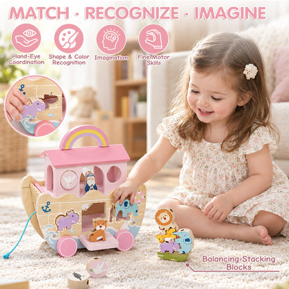 Noahs Ark Baby Toy, Toys for 1 Year Old Girls Baptism Gift, Montessori Educational Toy with Animal Shape Sorter, Montessori Toys for 1-3 Year Old
