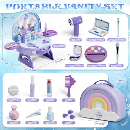 Kids Vanity Sets for Girls, Kids Make up Vanity with Mirror & Lights & Music & Pretend Cosmetics, Toddler Portable Vanity Set for Girls, Princess Dress up for Girl 3 4 5 6 Year Old Girls