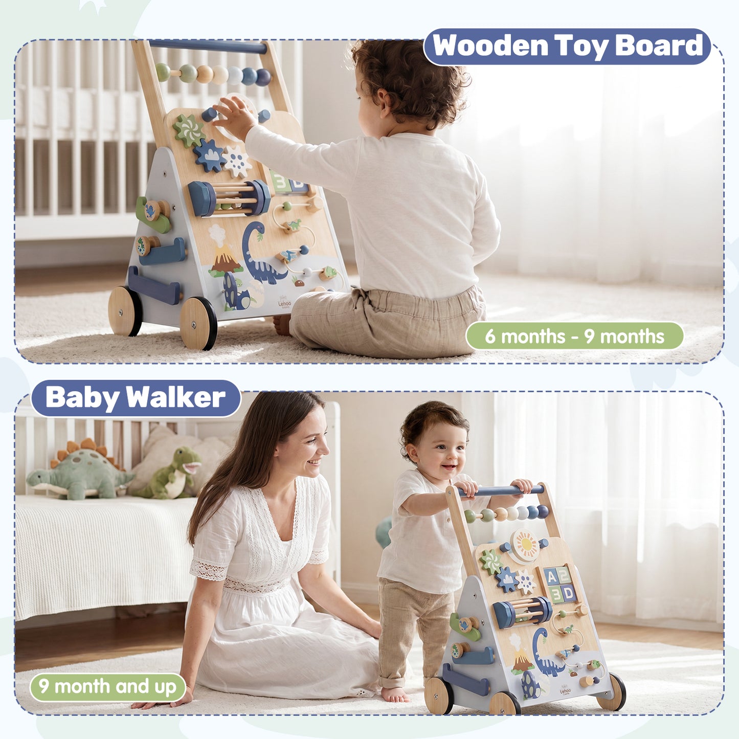Baby Walker, Wooden Baby Push Walker with Activity Center, Push Walker Toys for Toddler Learning to Walk & Sit-to-Stand, Walking Toys for 1 Year Old