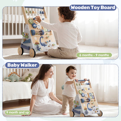 Baby Walker, Wooden Baby Push Walker with Activity Center, Push Walker Toys for Toddler Learning to Walk & Sit-to-Stand, Walking Toys for 1 Year Old