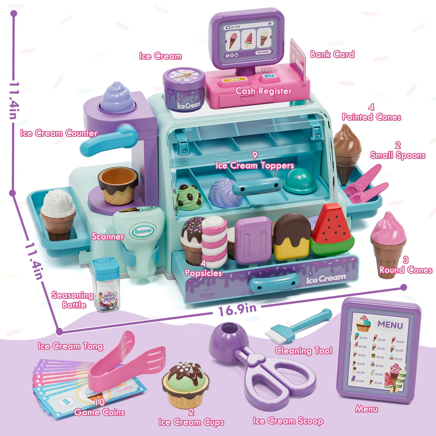 Ice Cream Toys for Toddlers 3-5, Pretend Play Food Toys for Girls, Ice Cream Counter Playset, Ice Cream Shop Toys for Kids, Include Checkout Counter with POS, Best Birthday Christmas Gift for Girls