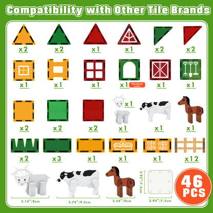 Magnetic Tiles, Farm Animal 46PCS Magnetic Blocls, STEM Montessori Education Toy for Boys Girls, Magnetic Construcion Toys for Toddler 3-6 Year Old
