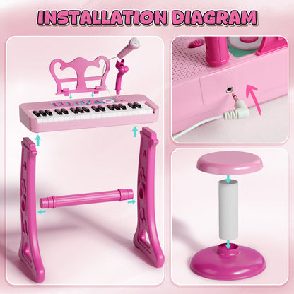 Keyboard Piano for Kids, 37 Keys Musical Instruments with Microphone & Stood & Chair, Musical Toys for 1 2 Years, Birthday Christmas Gifts for 1 2 3 Year Old Girls