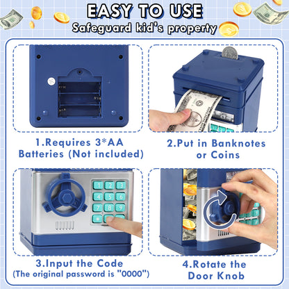 Piggy Bank for Kids Girls Boys, Large Electronic Money Saving Box with Password Protection, Automatic Paper Money Scroll - Blue