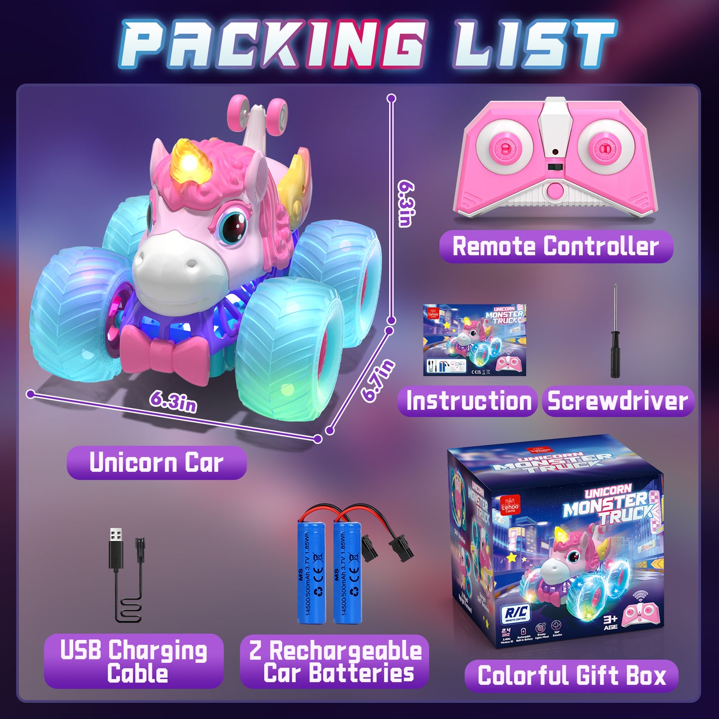 Unicorn Remote Control Cars, RC Cars, Remote Control Monster Truck Unicorn Toys, 2.4Ghz Stunt with Light & 360°Rotation, Unicorn Toys for Girls 5-10, Birthday Gift for 5 Year Old Girl