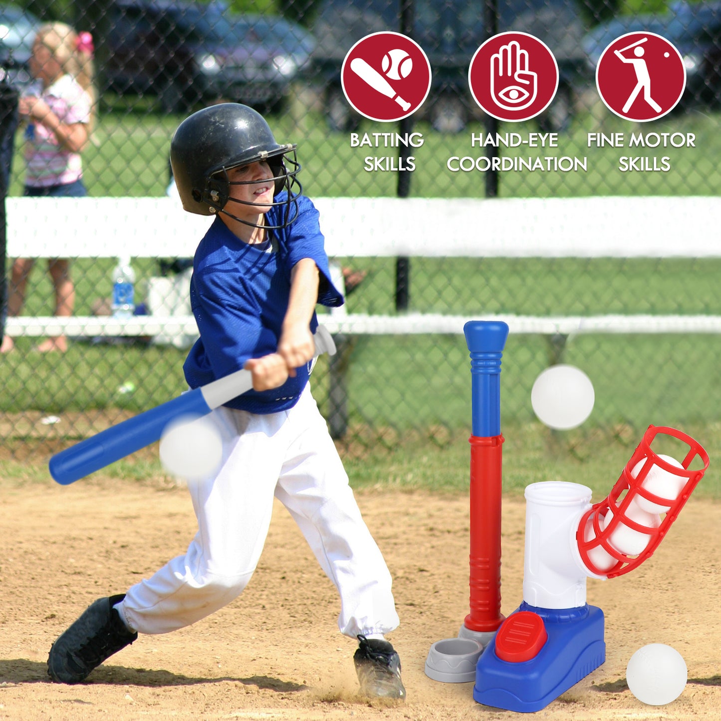 T Ball Set Toys for Kids Girls 3-5,for Age 3 to 6, Toddler Baseball Game Sports & Outdoors Toys, Kids Baseball Toys Includes 6 Balls, Auto Ball Launcher - Blue