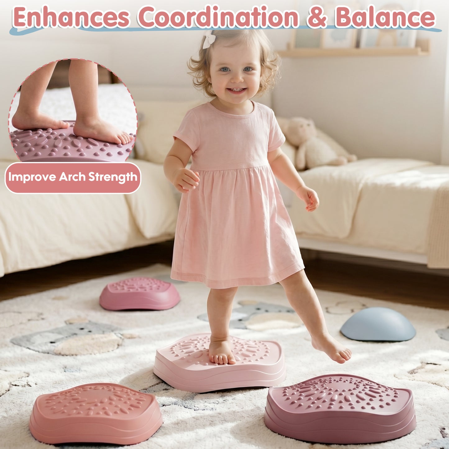 Stepping Stones for Kids, 5Pcs Non-Slip Balance Stepping Stones, Up to 220lbs, Coordination Skills Sensory Toys for Toddlers Ages 2 3 4 5+, Indoor and Outdoor Toys Lawn Games - Pink