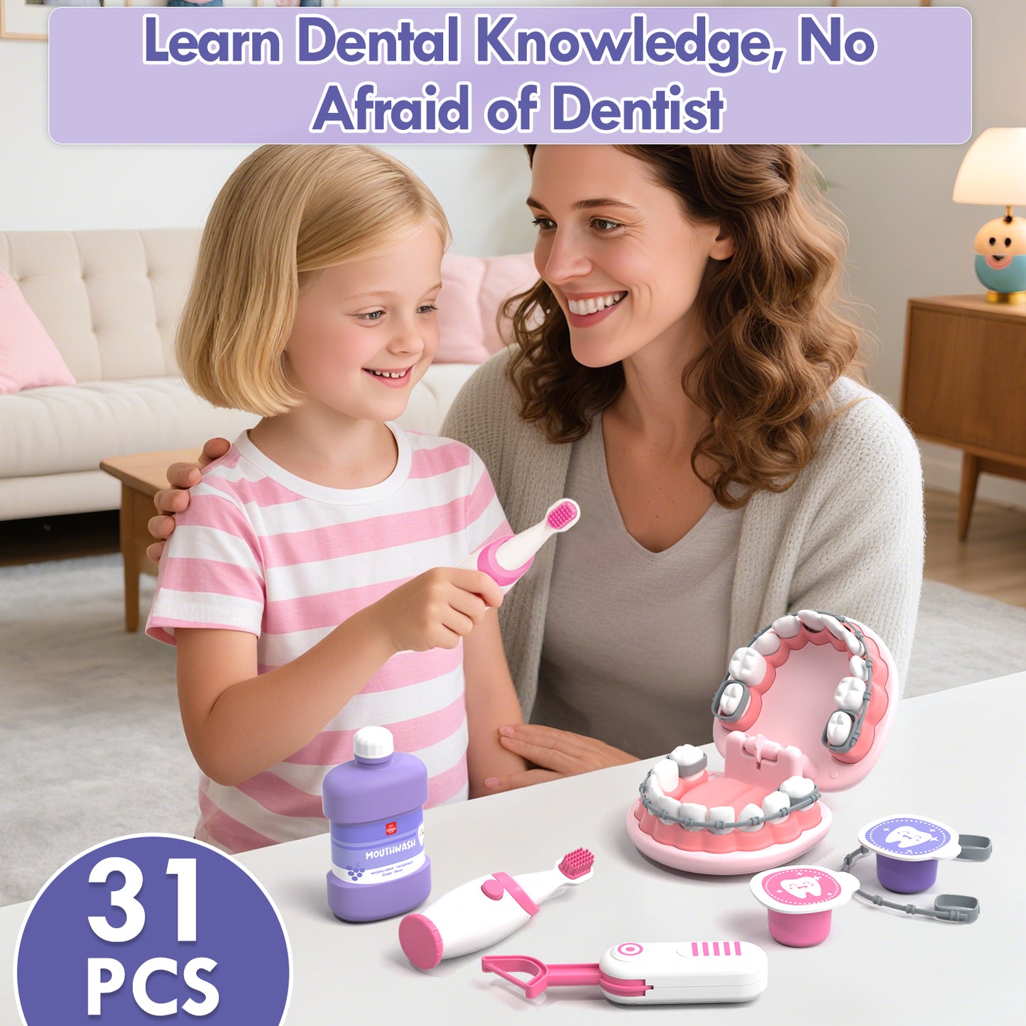 Doctor Kit for Kids, Dentist Playset, Pretend Doctor Kit Dentist Medical Kit with Electronic Stethoscope Toys for 2 3 4 5 6 Year Old Kids - Pink