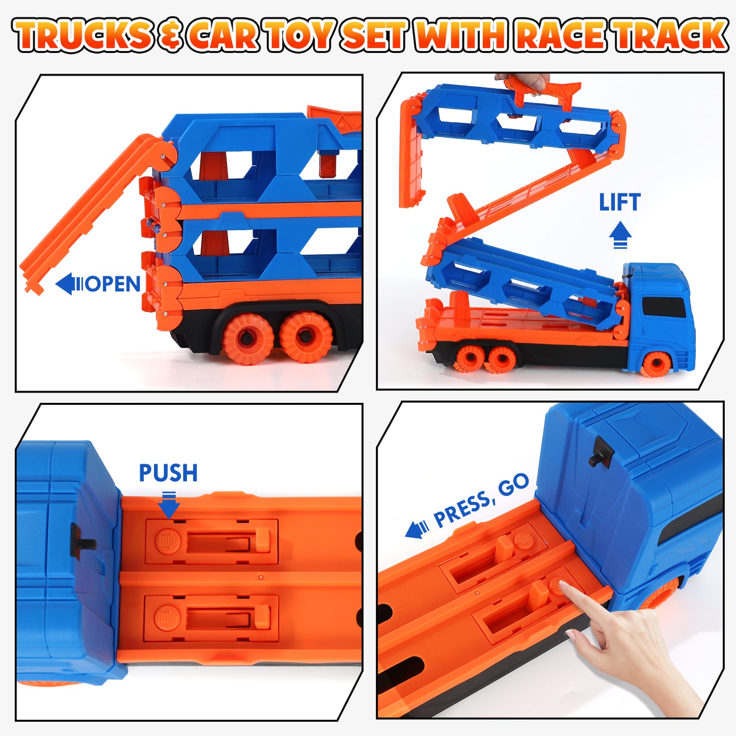 Toy Trucks Cars for Toddlers, Transport Truck Car Toys, Toddler Toys for 3 4 5 6 Years Old Boys, Carrier Truck Toy Cars for Toddlers with 6 Toy Racing Cars, 61" Race Track, Kids Toys for Boys Girls