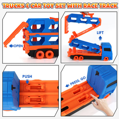 Toy Trucks Cars for Toddlers, Transport Truck Car Toys, Toddler Toys for 3 4 5 6 Years Old Boys, Carrier Truck Toy Cars for Toddlers with 6 Toy Racing Cars, 61" Race Track, Kids Toys for Boys Girls