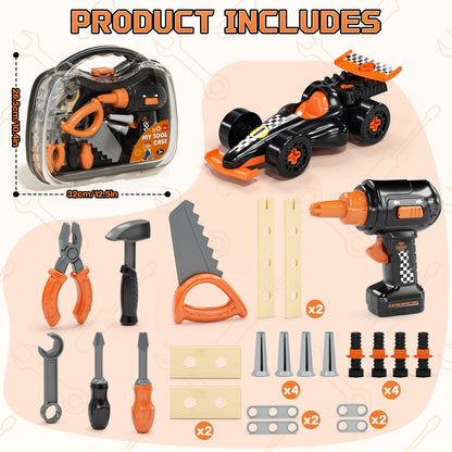 Kids Tool Set for Boys 2-4, Kids Tool Set with Carrying Case & Toy Drill & Racing Car, Montessori Stem Educational Pretend Play Construction Toy, Toys for 3 Year Old Boys Birthday Gifts - Orange