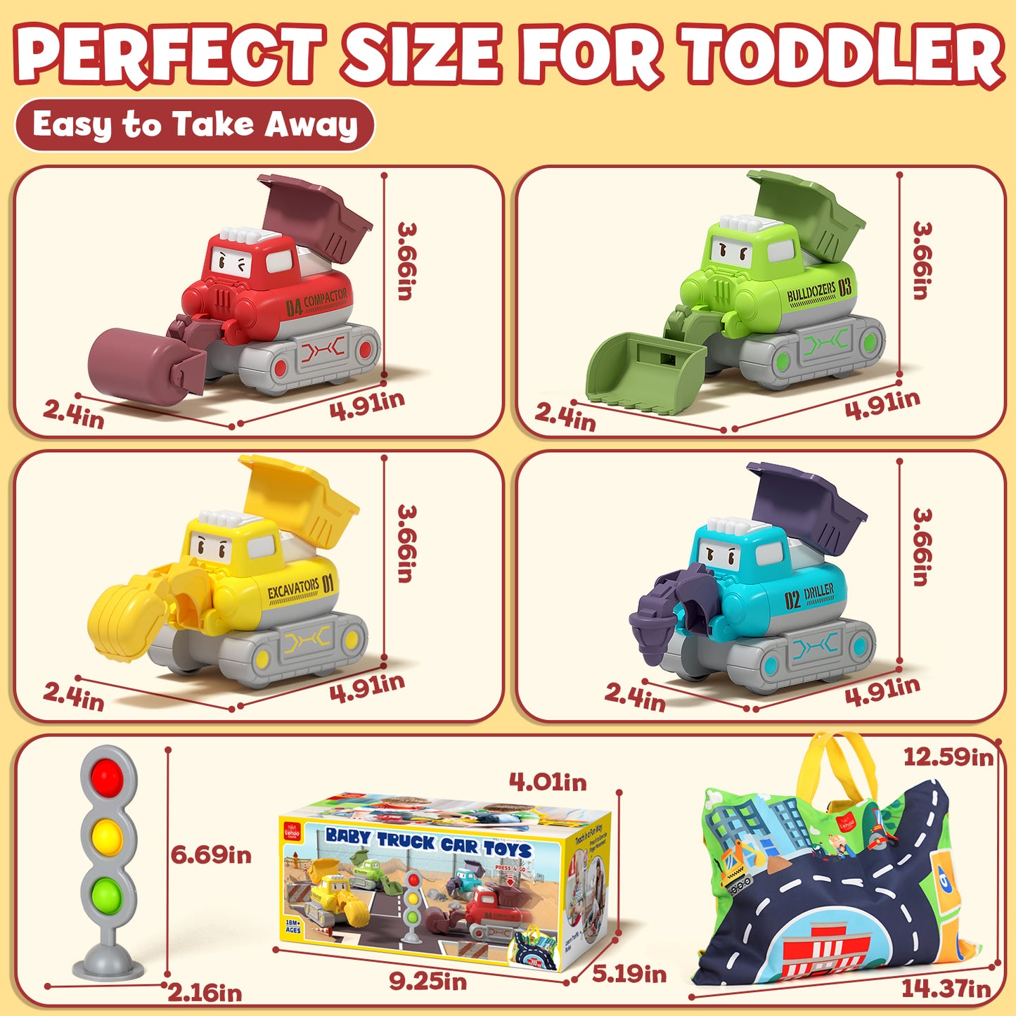 Toys for 1 Year Old, Construction Vehicle Toy Cars For Toddlers, Toy Cars with Playmat Storage Bag, Pull Back Cars Baby Toys, Press And Go Toy Cars