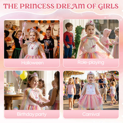 Princess Dress Up for Girls Ages 3-6, Pink Rainbow Princess Costume Set with Cape, Gloves, Crown, Wand & Jewelry, Pretend Play Dress Up Clothes, Birthday Christmas Gifts for Toddler Girls