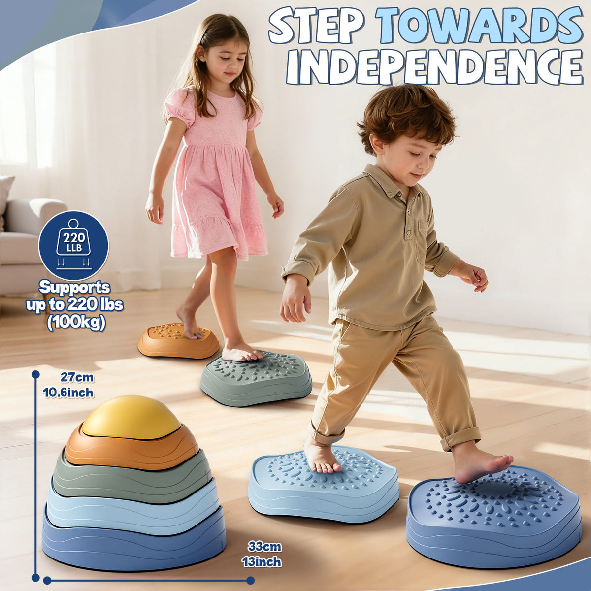 Stepping Stone for Kids, Toddler Stepping Stones with Storage Bag, 5 Pcs Non-Slip Balance Stepping Stones, Up to 220lbs, Coordination Skills Sensory Toys for Ages 2 3 4 5 Boys Girls