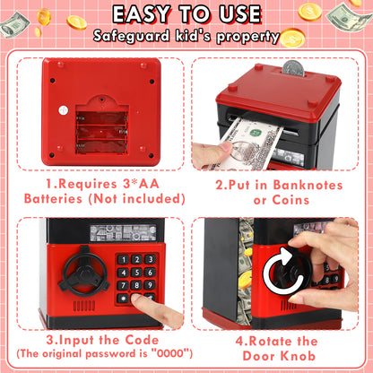 Piggy Bank for Kids Girls Boys, Large Electronic Money Saving Box with Password Protection, Automatic Paper Money Scroll - Red