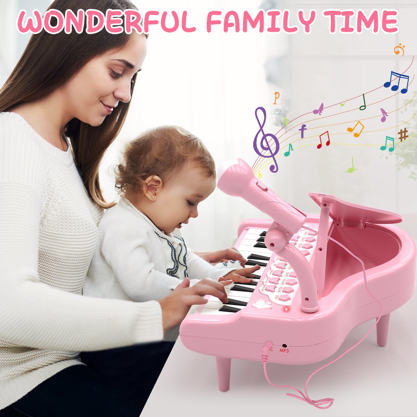 Piano Keyboard Toy for Girls - Toys for 1 2 3 Years Old Girls, 24 Keys Toddler Piano Music Toy Instruments with Microphone, Birthday Gift Toys for Girls Boys Aged 1 2 3