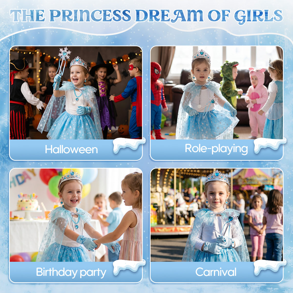 Princess Dress Up for Girls Ages 3-6, Blue Ice Princess Costume Set with Snowflake Cape, Gloves, Crown, Wand & Jewelry, Pretend Play Dress Up Clothes, Birthday Christmas Gifts for Toddler Girls