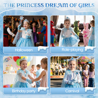 Princess Dress Up for Girls Ages 3-6, Blue Ice Princess Costume Set with Snowflake Cape, Gloves, Crown, Wand & Jewelry, Pretend Play Dress Up Clothes, Birthday Christmas Gifts for Toddler Girls