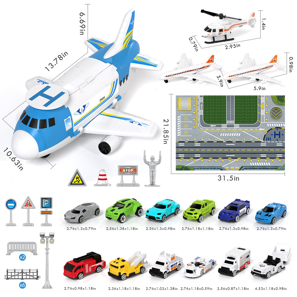 Airplane Toys, Toys for 2+ Year Old Boys, Transport Airplane with 6 Race Cars, 6 Carrier Cars, 2 Airplanes, 1 Helicopter, 1 Map, 2 Year Old Boy Birthday Gift