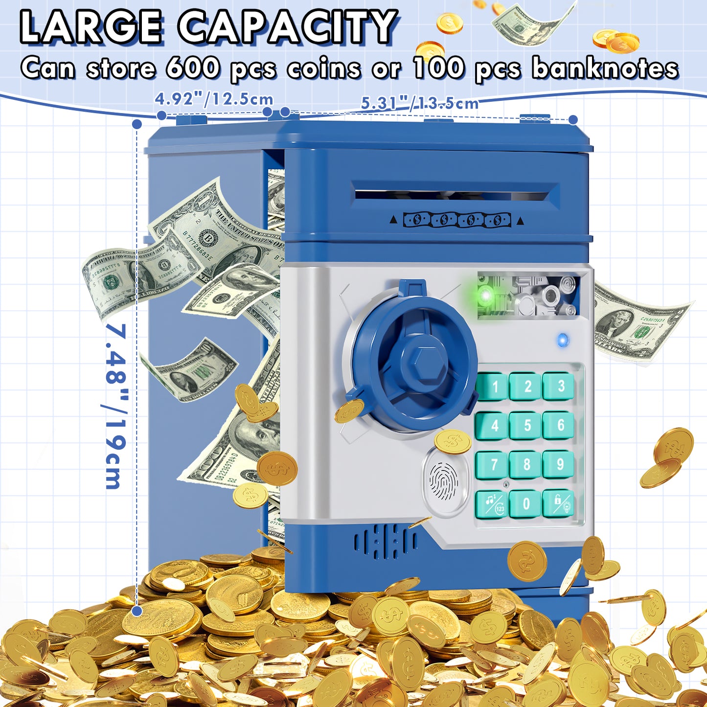 Piggy Bank Toy with Password and Fingerprint Unlocking Simulation, Automatic Electronic Piggy Bank with Music for Kids, Cash Coin Can ATM Bank for 3 4 5 6 7 8 9 Year Old Boys Girls - Blue