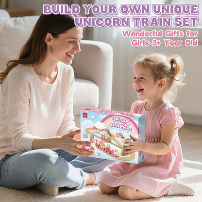 Train Set, 39 Pcs Wooden Train Set for Kids, Train Toy for Girls Boys 2 3 4 5 Year, Unicorn Train Track Set with 4 Magnetic trains & Accessories, Compatible with Other Brands