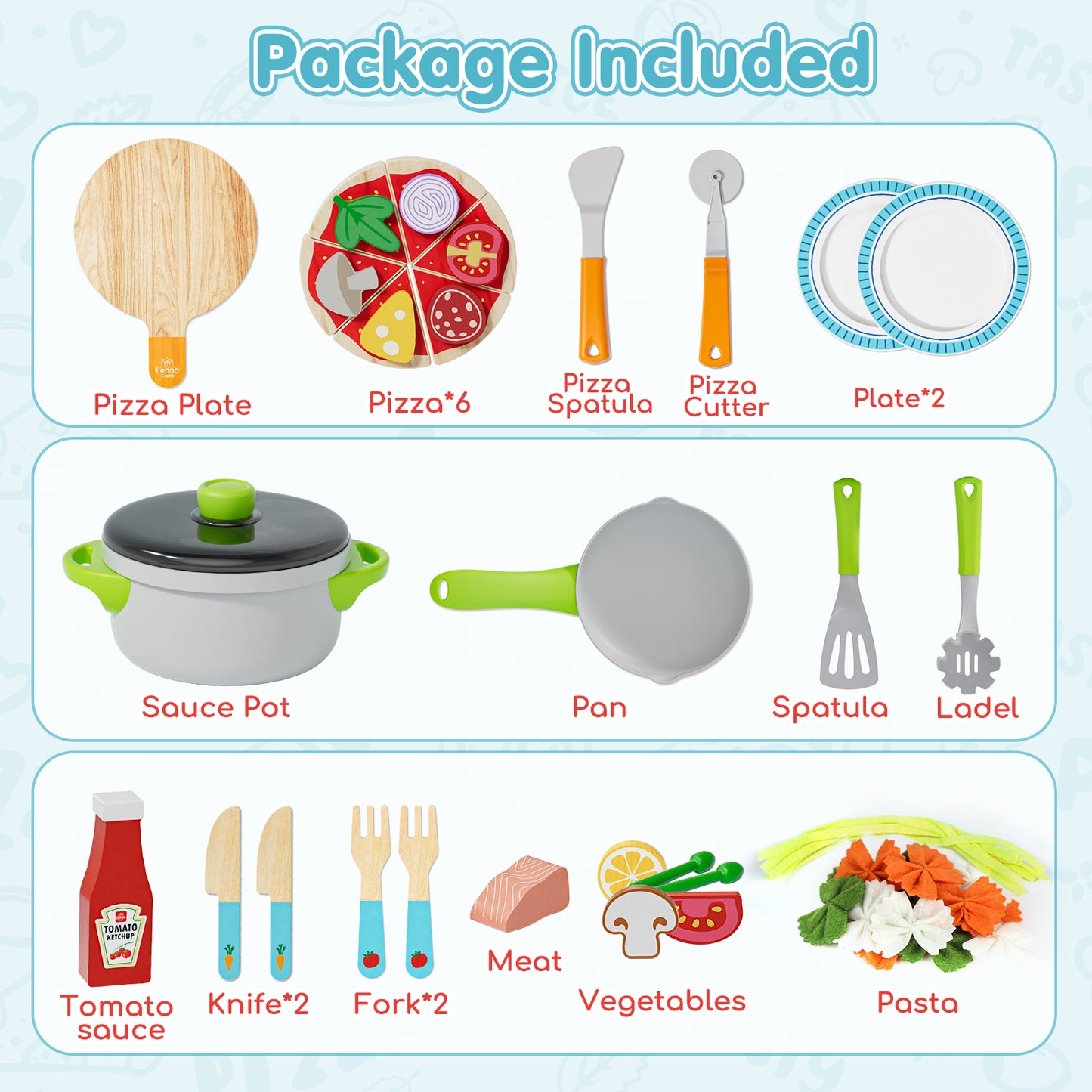 Play Food Sets, Play Kitchen Accessories for Kids, Wooden Pizza Toys, Pretend Play Food for 3 4 5 6 Year Old Kids, Best Gifts for Birthday Christmas
