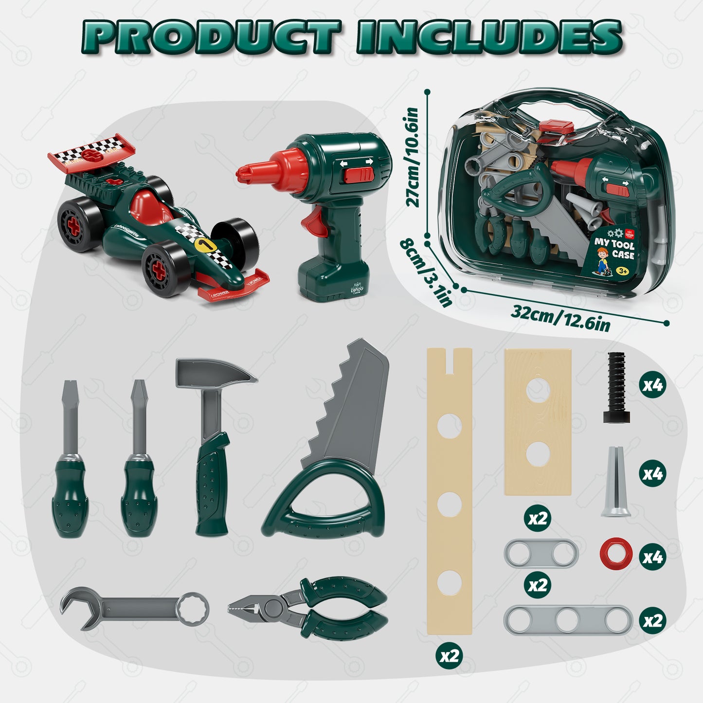 Kids Tool Set for Boys 2-4, Kids Tool Set with Carrying Case & Toy Drill & Racing Car, Montessori Stem Educational Pretend Play Construction Toy, Toys for 3 Year Old Boys Birthday Gifts