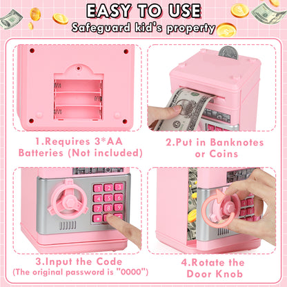 Piggy Bank for Kids Girls Boys, Large Electronic Money Saving Box with Password Protection, Automatic Paper Money Scroll - Pink