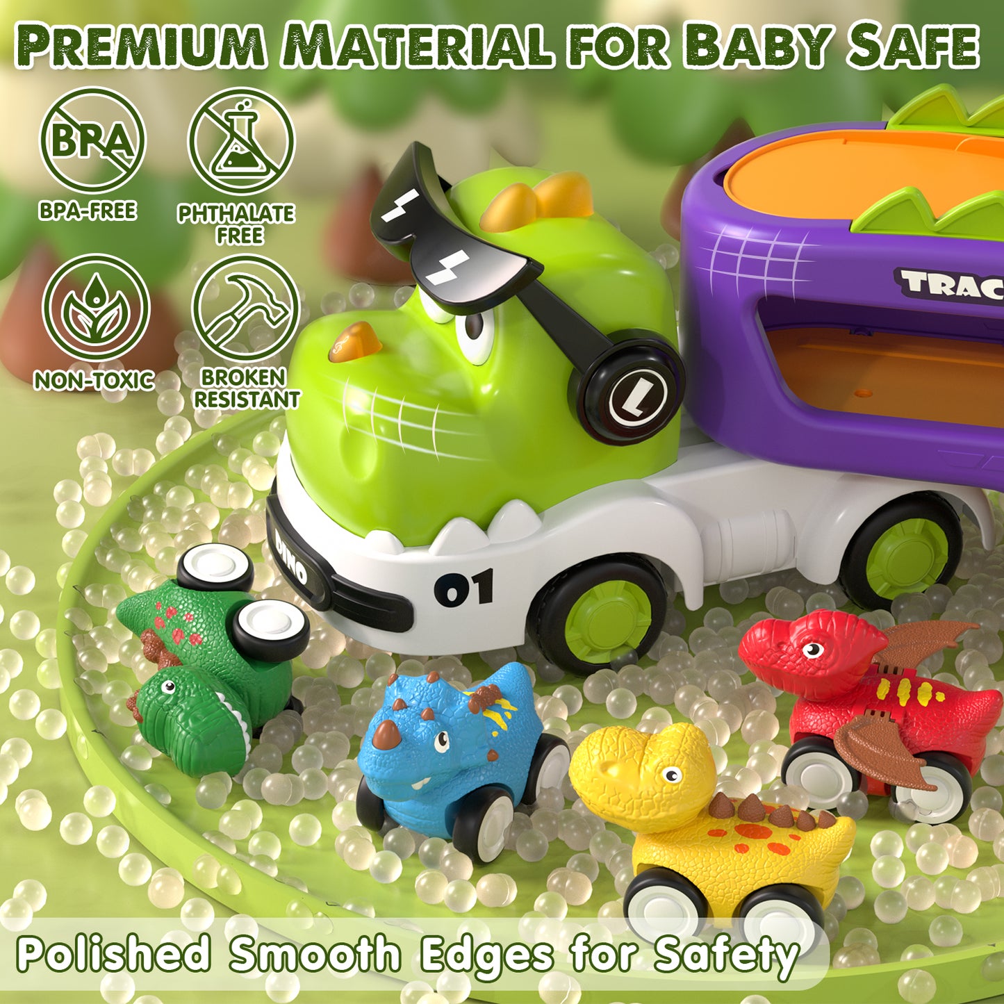 Toys for 2 Year Old Boys, Toddler Dinosaur Truck with Sounds & Lights, Toys Cars Set with Race Track, Pull Back Cars Baby Toys, Toys for Boys 2 to 4 Years Old, Best Birthday Christmas Gifts