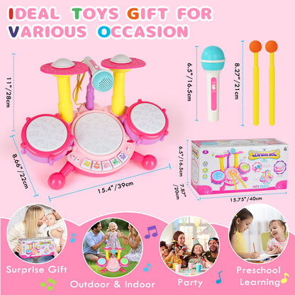 Kids Drum Set, Toddler Drum Set with 2 Drumsticks and Microphone, Kids Musical Toys, Baby Drum Set Toy for 1 2 3 Year Old Boys Girls - Pink