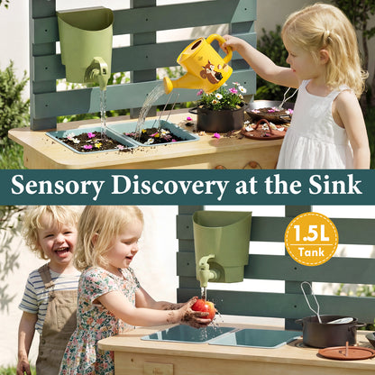 Outdoor Mud Kitchen for Kids, Outdoor Play Kitchen, Wooden Kids Mud Kitchen with Water Tank, Water Play, Cooking, Pretend Play Toys for Boys Girls Age 3+