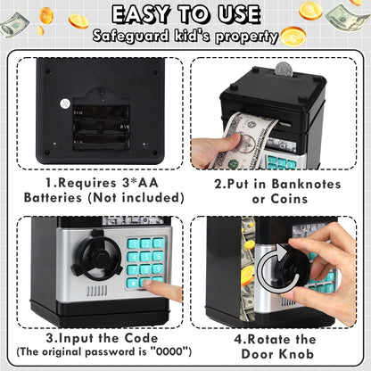 Piggy Bank for Kids Girls Boys, Large Electronic Money Saving Box with Password Protection, Automatic Paper Money Scroll - Black