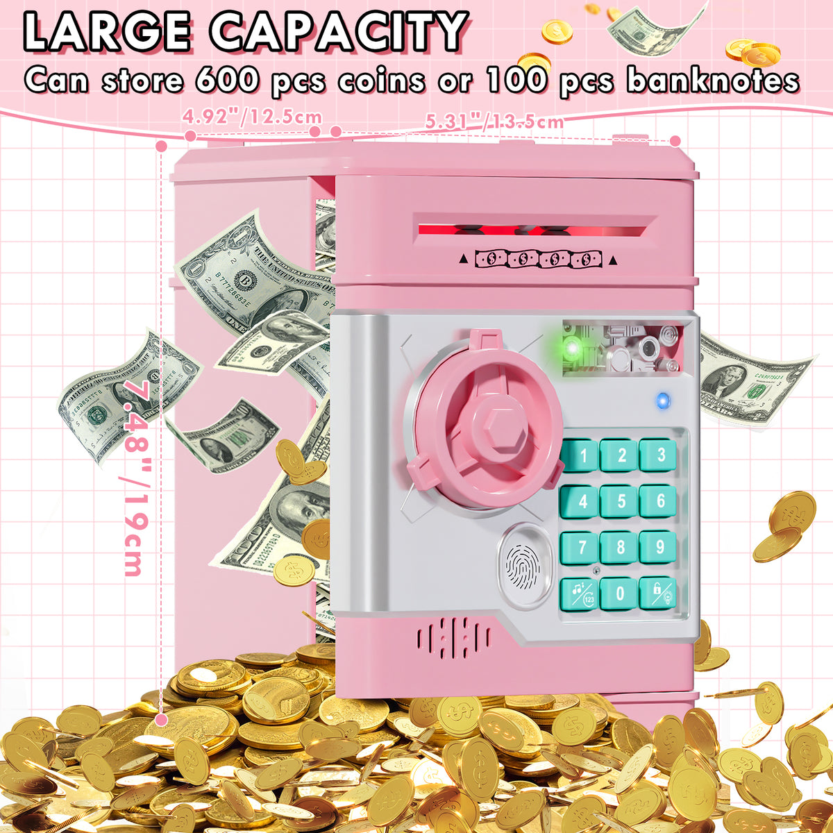 Piggy Banks for Kids, Fingerprint Recognition Electronic Money Saving Box with Password Protection, Automatic Paper Money Scroll - Pink
