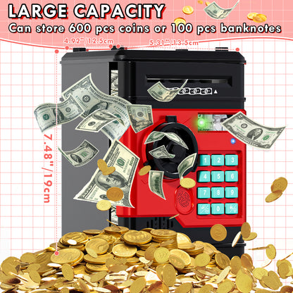 Piggy Banks for Kids, Fingerprint Recognition Electronic Money Saving Box with Password Protection, Automatic Paper Money Scroll - Red