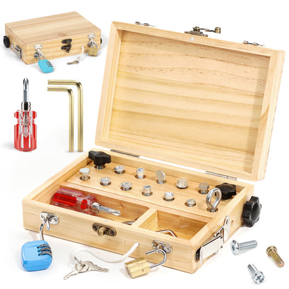 Montessori Busy Board, Montessori Toys for 3 Year Old, Portable Busy Board with Lock and Key for 3 4 5 Year Old Kids, Wooden Kids Tool Set with Storage Box, Preschool Learning Toys